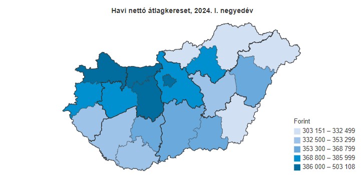 Nettó átlagkeresetek Magyarország vármegyéiben