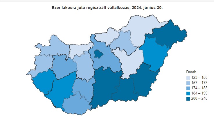 Az ezer lakosra jutó vállalkotások száma vármegyénként 